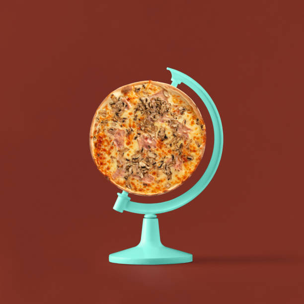 istock Pastel blue globe stand with whole pizza on isolated maroon colored background. Minimal abstract creative concept of traditional Italian baked food. Creative card for a restaurant or pizzeria. 1448294911
