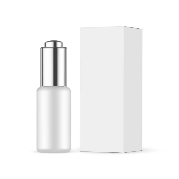 Blank Dropper Bottle Mock Up With Metal Cap, Paper Box, Side View Blank Dropper Bottle Mock Up With Metal Cap, Paper Box, Side View, Isolated on White Background. Vector Illustration medicine bottle top view stock illustrations