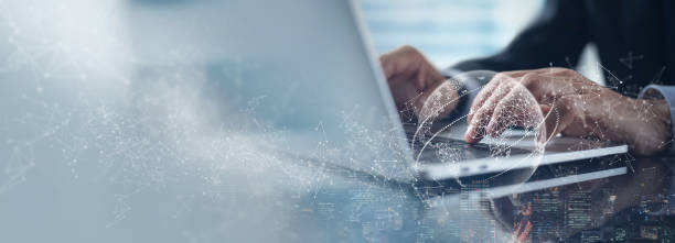 istock Global business, internet network technology, digital marketing concept. Businessman working on laptop computer with global internet network connection and smart city 1448297246