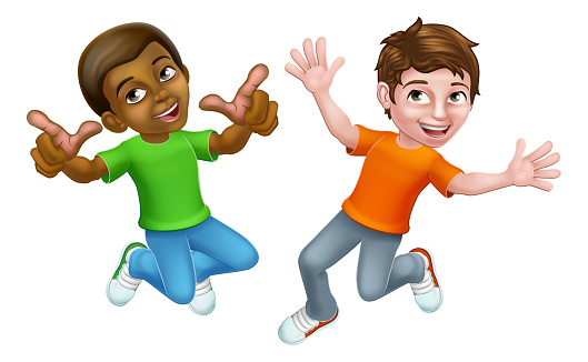 Two kids boys cartoon character children jumping for joy