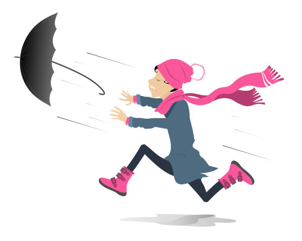 дождь. сильный ветер. бегущая молодая женщина потеряла зонтик - scarf blowing women autumn stock illustrations