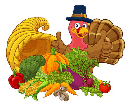 Thanksgiving cartoon illustration of a turkey bird character and cornucopia horn of plenty with vegetables and fruit produce