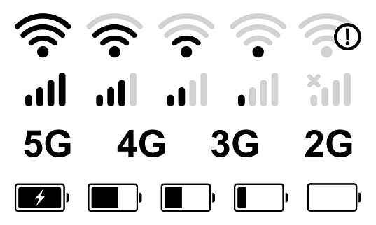 Set of phone interface icons. Mobile status bar. Level of signal on mobile phone. Status battery. Vector 10 Eps.