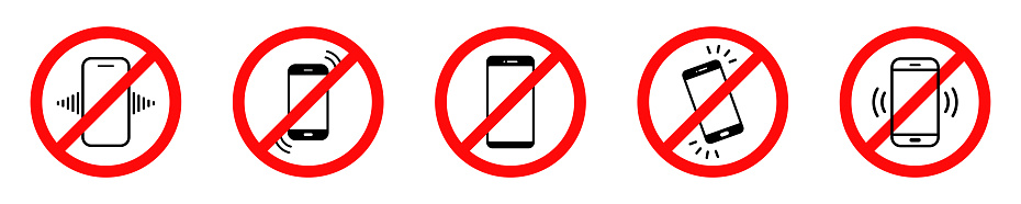 Set of no phone signs vector. Red prohibited signs with mobile. No talking on phone vector icons.