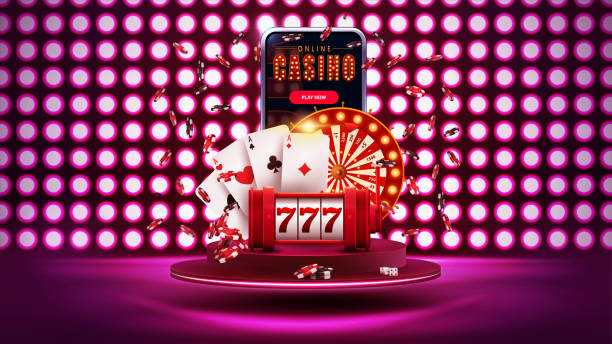 istock Smartphone with casino slot machine, Roulette, playing cards, poker chips on podium floating in the air on background with wall of round lights in dark scene 1448303393
