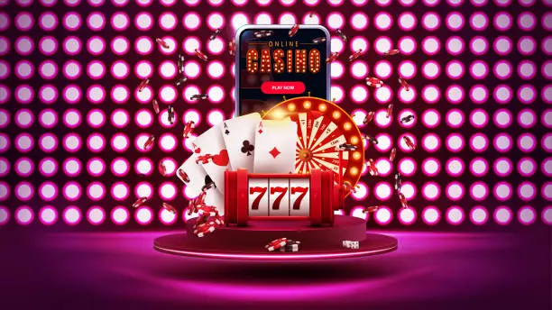 Vector illustration of Smartphone with casino slot machine, Roulette, playing cards, poker chips on podium floating in the air on background with wall of round lights in dark scene