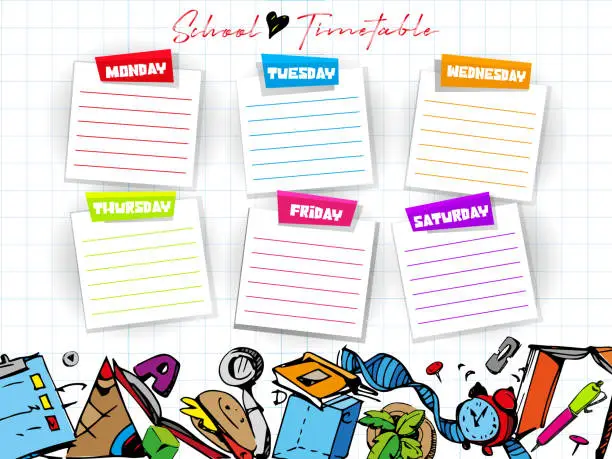 Vector illustration of Weekly, diary, planning concept in school style. To-do list for the week in a notebook with hand-drawings on an abstract color background.