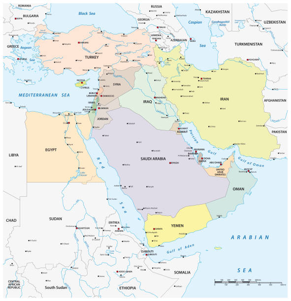 ilustraciones, imágenes clip art, dibujos animados e iconos de stock de mapa vectorial de la región geopolítica de oriente medio - middle east
