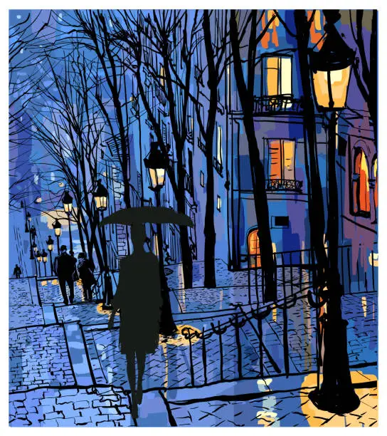 Vector illustration of Paris, woman walking in Montmartre