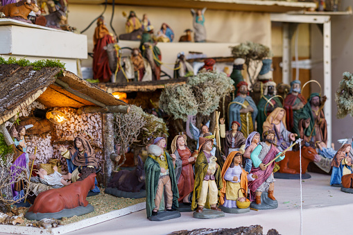 Figurines for the decoration of Christmas cribs for sale at the typical Christmas market