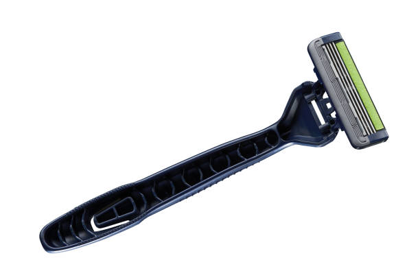 istock Razor with three blades isolated on white background. Nobody. High angle studio shot. 1448308577