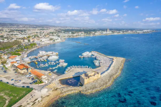 Landscape with medieval port of Paphos, Cyprus island