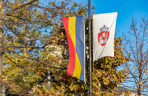 A picture of the Romania and Iasi flags with a backdrop of fall foliage.