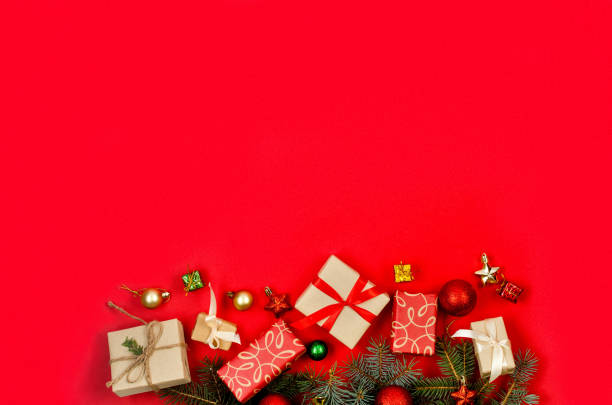 istock Christmas decorations concept. Top view gift boxes wrapping in craft paper 1448312144