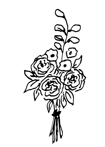 Simple hand drawn vector drawing in black outline. Bouquet of festive flowers, roses and peonies. Gift, birthday.