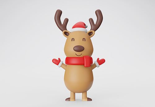 3d illustration Smiling Reindeer on white background. Merry Christmas and Happy New Year. Horizontal new year poster, greeting and celebration card.
