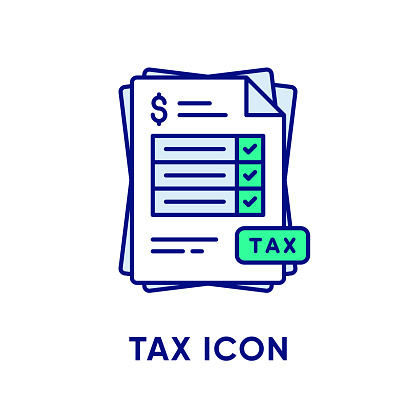 Tax icon. Stack of paper documents with checked checkboxes and tax sign. Payment and bill invoice. Order symbol concept. Tax Return sign design. Vector flat line style icon