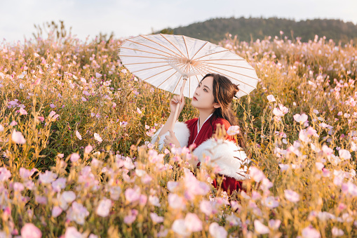 Asian Hanfu beauties enjoy life in the flowers at sunset