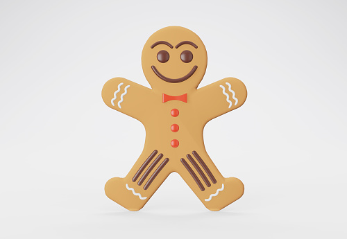 3d illustration Smiling Gingerbread man on white background. Merry Christmas and Happy New Year. Horizontal new year poster, greeting and celebration card.