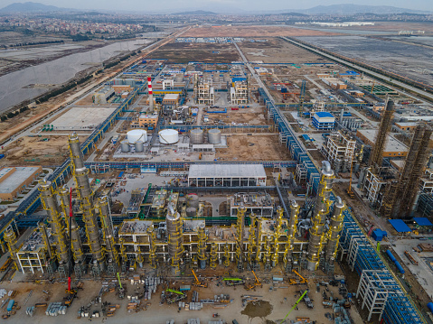 Aerial view of the chemical plant under construction at the seaside