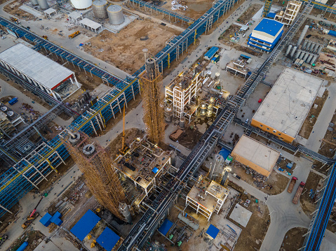 View from height to the industrial zone of a concrete mixing plant.