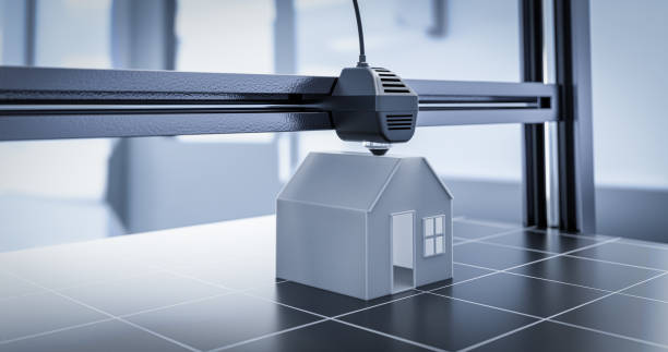 istock Single-family house 3d printing concept. Symbolic house building using modern technologies. 3d illustration. 1448317272