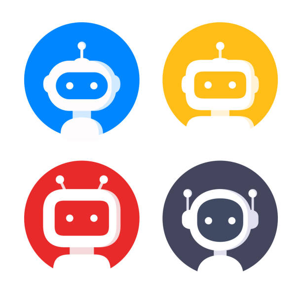 Robot in circle vector icon set Robot in circle icon set. Bot sign design. Chatbot symbol, logo template. Modern flat style cartoon character illustrations isolated on white background artificial intelligence icon stock illustrations