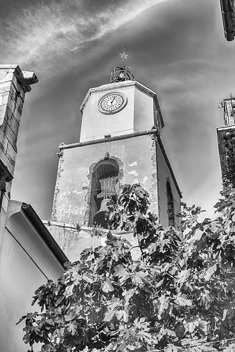 Bell tower of the Church of Notre Dame, located in the old town of Saint-Tropez, Cote d'Azur, France