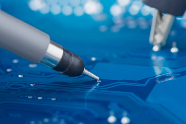 istock Measuring electronic signal using oscilloscope on the PCB. Electronics repair and digital technology. 1448323861