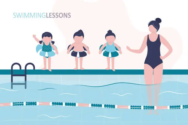 Vector illustration of Coach woman teaching children, swimming class. School kids group in swimming pool. Happy kids characters standing at poolside, wearing swimming rings, training, learning to swim.