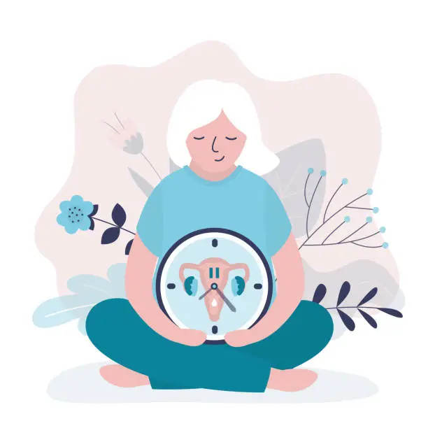 Vector illustration of Grandmother sitting with biological clocks, limited fertility. Medical concept, feminine age. Menopause. Climacteric. Women's health. Menstrual periods. Aging process.