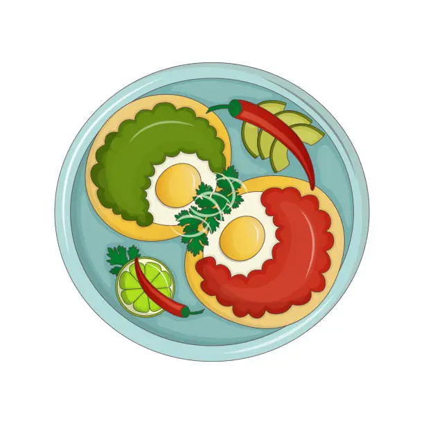 Vector illustration of Mexican breakfast - eggs huevos divorciados on corn tortillas with two sauces roja and verde and chili peppers. Vector illustration. Cartoon. Latin American Cuisine.