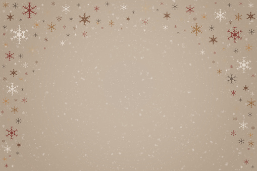 Abstract beige and brown Christmas holiday winter background frame of falling snowflakes