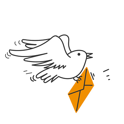 hand drawn doodle bird carrying an envelope illustration vector