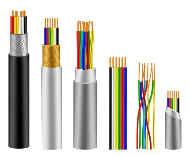Vector illustration of set of realistic wires flexible cables isolated or cooper cable with insulation rubber. eps vector
