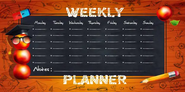 Vector illustration of Weekly, diary, planning concept in school style. To-do list for the week in a notebook with hand-drawings on an abstract wooden background.