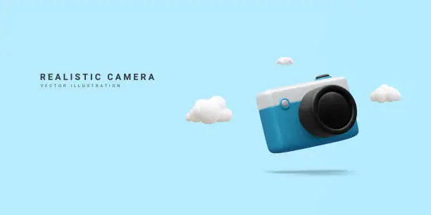 Vector illustration of 3d realistic camera isolated on blue background.Time to travel concept in minimal style with copy space. Vector illustration