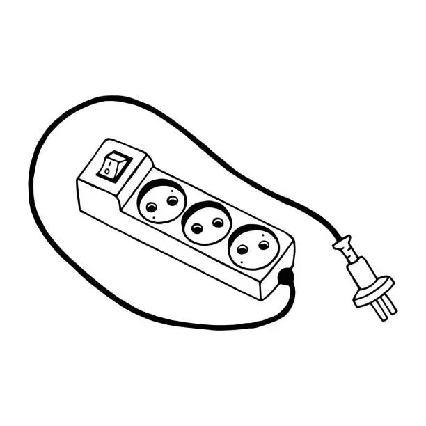 Vector illustration of Extension cord, sockets. Vector stock illustration eps10. Outline, isolate on white background. Hand drawn.