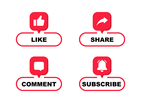 Like, comment, share and subscribe web buttons. Social media symbol. Web buttons for social network, channel, blogging, marketing and promotion.