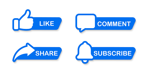 Like, comment, share and subscribe web buttons. Social media symbol. Web buttons for social network, channel, blogging, marketing and promotion.