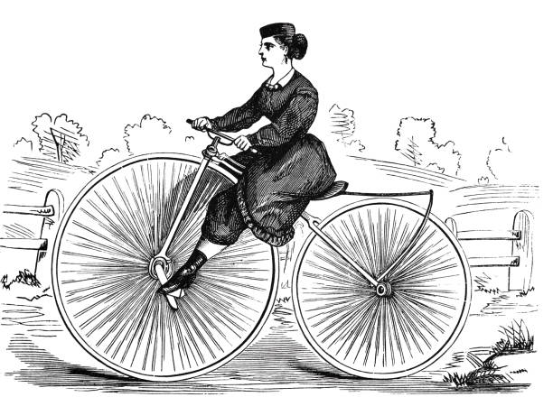 Woman riding a velocipede Illustration from 19th century. penny farthing bicycle stock illustrations