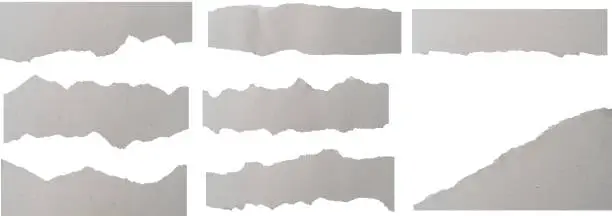 Photo of Set of ripped grey paper strips with torn edges. Sticky notes isolated on white background with Clipping paths for design work empty free space