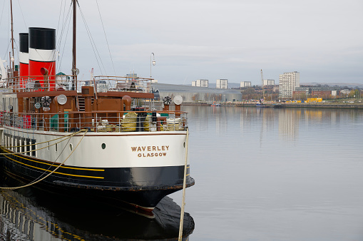 Glasgow, Scotland, UK, December 3rd 2022, The Waverley paddle steamboat moored on the River Clyde by the Science Centre