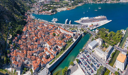 Kotor, Montenegro, July 24, 2021: Aerial view of Kotor Old Town