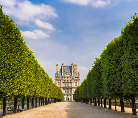 Paris, 75001, FRANCE - August 2, 2019: Summer morning view of Tuilleries garden in Paris, France. Tree-lined path leads to the south west facade of the Louvre Museum.