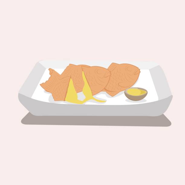 illustrazioni stock, clip art, cartoni animati e icone di tendenza di torta giapponese a forma di pesce da dessert ripiena di pasta di fagioli rossi dolci anko con parola giapponese significa taiyaki. illustrazione vettoriale - chef lunch food gourmet