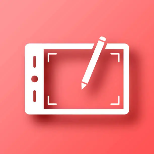 Vector illustration of Graphic tablet. Icon on Red background with shadow