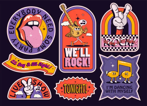 Vector illustration of Retro rock music style party sticker or label or badge set with vintage cartoon characters and guitar and lettering for live music event isolated on black background. Vector illustration