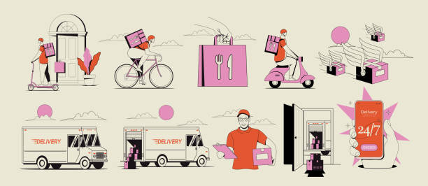 Set of conceptual delivery service business illustrations of delivery truck and courier guy and delivery boxes and bags in retro style isolated on beige background. Vector illustration vector art illustration