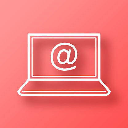 istock Laptop with At symbol. Icon on Red background with shadow 1448343674